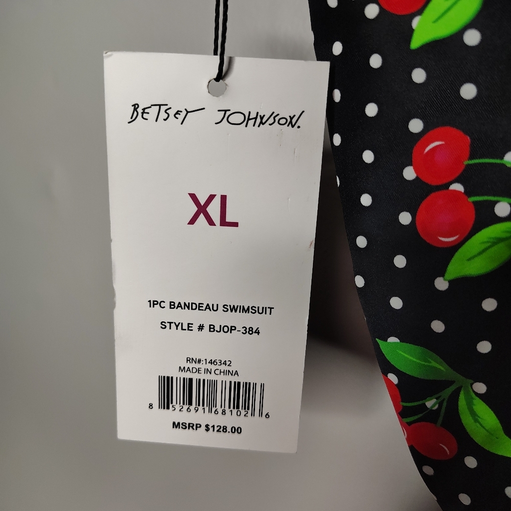 Betsy Johnson Black Sweetheart Cherry Ruched One-Piece Swimsuit Womens XL NWT - Picture 9 of 11